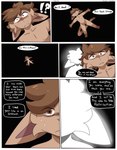 anthro brown_body brown_fur brown_hair dark dialogue duo featureless_crotch featureless_face fur glowing hair male nude shocked surprised text spicykiwi alex_(spicykiwi) felid feline mammal absurd_res comic english_text hi_res