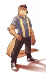 5_fingers anthro biped bottomwear brown_body brown_fur brown_hair clothed clothing fingers footwear fully_clothed fur hair hand_on_hip looking_at_viewer male pants shirt shoes short_hair simple_background smile sneakers solo standing topwear whiskers white_background orangetavi mammal mustelid otter full-length_portrait portrait