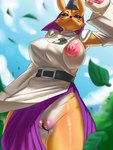 absurd_res anthro areola bandai_namco belt big_breasts black_sclera breasts clothed clothing digimon digimon_(species) female furdle genitals green_eyes hi_res leaf nipples outside pink_areola pink_nipples pink_pussy pussy solo taomon