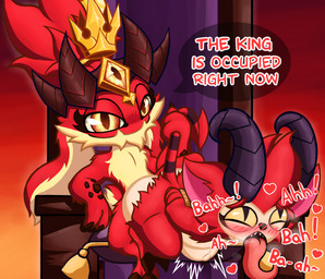 abdominal_bulge anal arms_tied big_butt big_ears blush bound butt chair crown duo fur furniture gold_crown hair headgear heart_symbol horn looking_at_viewer looking_pleasured male male/male moan red_body red_fur shortstack sitting speech_bubble tail tail_grab thick_thighs throne tongue tongue_out dusk_dome league_of_legends riot_games tencent devil_fizz devil_teemo_(lol) fizz_(lol) teemo_(lol) demon yordle absurd_res hi_res