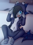 adolescent anthro blue_eyes clothed clothing costume female furniture onesie pajamas sofa solo topless young young_anthro young_female dream_mirage godzilla_(series) toho godzilla kayla_kitsune canid canine canis fox hybrid mammal wolf absurd_res hi_res