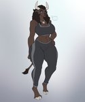 anthro athletic_wear big_breasts blue_eyes bottomwear bra breasts breath brown_body brown_fur brown_hair cleavage clothed clothing cloven_hooves female fur hair hand_on_hip hip_dips hooves horn horn_jewelry horn_ring jewelry necklace pants ring_(jewelry) solo sports_bra tail tail_tuft thick_thighs tight_clothing tuft underwear unguligrade yoga_pants orinvega european_mythology greek_mythology mythology nihea_avarta bovid bovine mammal minotaur 5:6 absurd_res hi_res