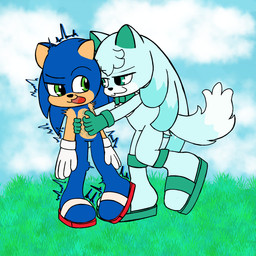 anthro blue_body blue_fur blue_hair clothing duo featureless_feet feet footwear footwear_only fur gloves grass grass_field hair handwear male male/male mostly_nude open_mouth plant sandals sandals_only shoes simple_background smug_expression tickling tickling_belly tickling_sides ticklebunny sega sonic_the_hedgehog_(series) fluere_the_fox_(ticklebunny) sonic_fan_characters sonic_the_hedgehog canid canine eulipotyphlan fox hedgehog mammal 1:1 hi_res