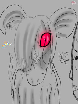 anthro big_ears blep bodily_fluids clothing crouching duo female glowing glowing_eyes gown grey_background hair hair_over_eye long_hair long_tail male nervous one_eye_obstructed red_eyes simple_background smile smiling_at_another smiling_at_partner sweat tail talking_to_another talking_to_partner text tongue tongue_out torn_clothing wide_eyed drow462 ruby_(word360) eldritch_abomination ghost human mammal murid murine rat rodent spirit 3:4 hi_res