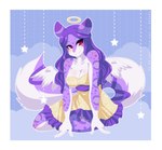 alternative_fashion anthro biped blush border breasts cleavage clothed clothing cloud dress feathered_wings feathers female fur hair halo humanoid_face j-fashion kemono lolita_(fashion) long_hair looking_at_viewer purple_body purple_fur purple_hair red_eyes solo star white_body white_border white_fur wings re-sublimity-kun felid mammal 2015 artist_name digital_media_(artwork) pastel_theme shaded