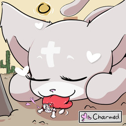 :3 ambiguous_feral ambiguous_gender cactus clothed clothing countershade_face countershade_fur countershading cross desert duo ear_bow extreme_size_difference eyelashes eyes_closed facial_markings feral forehead_markings fur gameplay_mechanics grey_body grey_ears grey_fur grey_tail head_markings head_tuft heart_eyes heart_symbol hearts_around_head larger_ambiguous larger_feral licking licking_another lying markings micro monotone_body monotone_fur monotone_tail multicolored_body multicolored_fur on_front outside pink_nose pinned pinned_to_ground plant red_tongue rock size_difference sky smaller_ambiguous smile status_effect sun tail tail_motion tailwag text tongue tongue_out tuft two_tone_body two_tone_fur white_body white_countershading white_fur mattithekatti mewgenics marshmallow_(mewgenics) mattithekatti_(character) domestic_cat felid feline felis mammal 1:1 2026 cel_shading colored digital_media_(artwork) english_text hi_res shaded