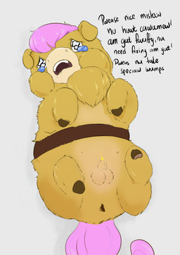 anus balls begging bodily_fluids bound brown_hooves chest_tuft crying feces feral fur genital_fluids genitals hair hooves lying male male_feral on_back open_mouth peeing penis pink_hair pink_tail pooping scared solo tail tan_body tan_fur tears teeth text tuft urine young young_feral young_male twt fluffy_pony caramel_(twt) fluffy_pony_(species) mammal 2025 broken_language digital_drawing_(artwork) digital_media_(artwork) english_text hi_res intralingual_translation