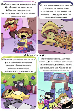 :3 armor baby bed big_breasts black_body black_fur blue_eyes blush breasts brown_eyes brown_hair christmas_tree cleavage clothed clothing controller door duo ear_piercing empty_eyes eyelashes fangs female feral fur furniture hair hat headgear headwear holding_controller holding_object holidays humanoid_pointy_ears inside machine mecha melee_weapon not_furry on_bed outside piercing pillow plant pointy_ears purple_tongue red_clothing red_shirt red_topwear running shirt short_hair spiral spiral_eyes sword teeth text tongue topwear toy toy_car tree weapon yellow_clothing yellow_hat yellow_headwear yellow_shirt yellow_teeth yellow_topwear young 20pesos_sopa christmas warhammer_(franchise) emperor_of_mankind henry_cavill lula_(20pesos_sopa) pokka_(20pesos_sopa) selene_(20pesos_sopa) domestic_cat elf felid feline felis humanoid mammal absurd_res artist_name comic english_text hi_res sibling_(lore) sister_(lore) sisters_(lore)