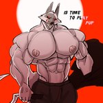 5_fingers abs anthro areola biceps big_muscles big_pecs biped bottomwear clothed clothing fingers huge_muscles huge_pecs male muscular muscular_anthro muscular_male navel nipples pecs shirtless simple_background smile solo topless triceps demondragoncyan dreamworks puss_in_boots_(franchise) death_(puss_in_boots) canid canine canis mammal wolf 1:1 2023 absurd_res digital_media_(artwork) hi_res