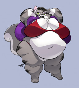 anthro big_breasts big_butt bikini boa_(clothing) breasts butt clothed clothing eye_makeup female fluffy fluffy_tail full_lips fur grey_body grey_fur huge_breasts huge_butt mature_female navel obese obese_anthro obese_female overweight overweight_anthro overweight_female simple_background smile solo swimwear tail thick_thighs topwear two-piece_swimsuit wide_hips boris_grim zalata_(infinitesimalj0) felid feline mammal hi_res