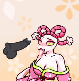 anthro asian_clothing big_breasts blush blush_lines bodily_fluids breasts breath clothed clothing cum cum_in_mouth cum_inside cum_on_face cum_on_tongue duo east_asian_clothing eyeshadow female genital_fluids genitals head_accessory heart_eyes heart_symbol japanese_clothing kimono long_tongue looking_at_genitalia looking_at_penis makeup male male/female non-mammal_breasts partially_clothed penis pink_clothing pink_kimono sitting tongue white_body yellow_eyes lunatic_cultist_(artist) mantis_(deltarune) arthropod darkner flower_mantis insect mantis orchid_mantis