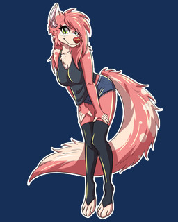 anthro arm_tuft bent_over big_breasts big_tail bottomwear breasts chest_tuft clothing denim denim_bottomwear denim_clothing denim_shorts female fur grey_clothing grey_shirt grey_topwear hair hands_on_legs hands_on_thighs legwear long_hair looking_at_viewer pink_body pink_fur pink_hair red_nose shirt shorts shoulder_tuft smile solo standing tail tail_tuft tank_top thigh_highs three-quarter_view toony topwear tuft strawberrywolv strawberry_(strawberrywolv) canid canine mammal 2026 4:5 absurd_res alpha_channel digital_media_(artwork) full-length_portrait hi_res portrait shaded