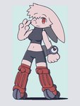 anthro black_clothing black_nose blush blush_lines clock clothing female fur looking_at_viewer one_eye_closed pink_body pink_fur pose red_eyes simple_background solo watch oagoner command_master_(game) beauty_battle_bunny lagomorph leporid mammal rabbit 3:4