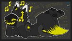 black_body black_fur clothed clothing fur listening_to_music lying_on_ground machine multicolored_body multicolored_fur musical_note musical_symbol on_ground smile solo symbol yellow_body yellow_fur syngie powersurge_(character) protogen 16:9 hi_res widescreen