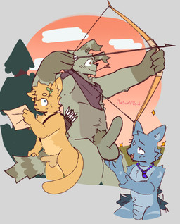 4_fingers abstract_background age_difference anthro anthro_on_anthro arrow_(weapon) balls biped blue_body blue_fur blush bow_(weapon) brown_body brown_fur erection facial_hair fingers fur fur_markings genitals group hair hand_on_balls headgear holding_object holding_paper humanoid_genitalia humanoid_penis jewelry kerchief male male/male male_anthro markings necklace nude_anthro nude_male older_male paper penis pointy_ears prick_ears pubes quiver_(object) ranged_weapon size_difference tail trio weapon yellow_body yellow_fur young young_anthro young_male younger_male jasonvvoid canid canine canis domestic_cat domestic_dog felid feline felis mammal 2025 hi_res signature
