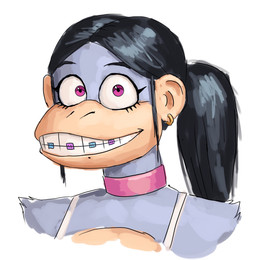 anthro bangs braces choker ear_piercing ear_ring eyebrows eyelashes female hair jewelry looking_at_viewer necklace piercing pink_choker pink_eyes pink_jewelry pink_necklace ponytail ring_piercing simple_background smile smiling_at_viewer solo redustheriotact beth_(redustheriotact) haplorhine mammal monkey primate hi_res shaded