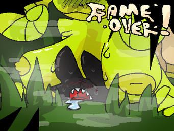 ambiguous_gender anthro big_breasts blush bodily_fluids breasts dungeon_mauler duo female forest_background game_over gameplay_mechanics gasp grass huge_breasts latex latex_body latex_skin looking_down lying lying_on_grass on_front on_grass on_ground plant saliva sharp_teeth smothering steam stitch_(sewing) stuck sweat teeth jtlavaman maso_(jtlavaman) snailie_(jtlavaman) demon domestic_cat felid feline felis gastropod mammal mollusk patchwork_creature snail taur 4:3 low_res