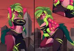 bottomwear city cityscape clothing crush dino_devil female feral green_hair hair hell macro pants solo son2j hazbin_hotel missi_zilla dinosaur prehistoric_species reptile scalie absurd_res digital_media_(artwork) hi_res
