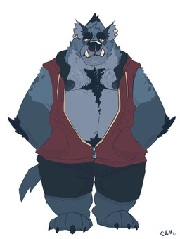anthro arm_tuft belly big_belly black_bottomwear black_clothing black_shorts blue_body blue_fur blue_nipples body_hair bottomwear chest_hair clothing ear_piercing ear_ring elbow_tuft front_view fur hand_in_pocket looking_at_viewer male male_anthro moobs mouth_closed narrowed_eyes nipples notched_ear obese obese_anthro obese_male overweight overweight_anthro overweight_male piercing pockets pubes ring_piercing shorts simple_background solo standing tuft white_background chocolateandmilk hyena mammal 2021 dated hi_res signature