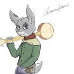 anthro blue_eyes bottomwear closed_smile clothed clothing fur green_clothing green_topwear grey_body grey_ears grey_fur grey_tail head_tuft holding_musical_instrument holding_object long_ears male mouth_closed musical_instrument pants scut_tail short_tail slight_smile smile solo standing tail topwear tuft bucklebunny lagomorph leporid mammal rabbit 1:1