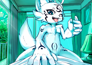 ambiguous_gender anthro arm_markings bedroom belly belly_markings black_markings cheek_tuft chest_tuft detailed_background duo facial_markings facial_tuft first_person_view fur hand_on_chest head_markings inside kemono lamp leg_markings looking_at_viewer lying male markings morning navel nude on_back one_eye_closed straddling tongue tuft white_body white_fur window rusho canid canine mammal unknown_species 2021
