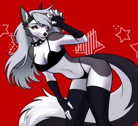 anthro bra breasts clothed clothing female fur hair legwear looking_at_viewer red_sclera simple_background smile solo stockings tail underwear white_body white_fur alexyoshirama hellaverse helluva_boss mythology loona_(helluva_boss) canid canid_demon canine canis demon hellhound mammal mythological_canine mythological_creature wolf digital_media_(artwork)