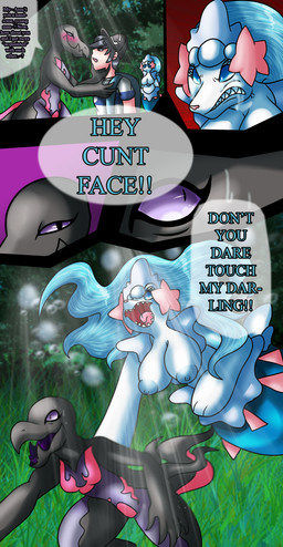 angry anthro anthrofied areola backpack big_breasts black_eyes black_hair blue_body blue_eyes blue_hair blue_nipples blue_skin blush bodily_fluids breasts bubble clothing dialogue drooling featureless_breasts female forest grass group hair hat headgear headwear huge_breasts jealous long_hair male male/female nipples open_mouth outside plant pokemorph profanity pupils purple_body purple_scales purple_sclera saliva scales sharp_teeth shirt slit_pupils small_breasts speech_bubble teeth text tongue topwear tree white_body white_skin wide_hips yoshimister nintendo pokemon elio_(pokemon) aquatic generation_7_pokemon human mammal pinniped pokemon_(species) primarina reptile salazzle scalie 2017 absurd_res comic digital_media_(artwork) english_text hi_res