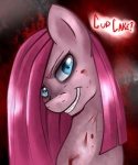 blood blue_eyes bodily_fluids dialogue female feral hair looking_at_viewer pink_hair smile solo straight_hair text pon3splash friendship_is_magic hasbro my_little_pony pinkamena_(mlp) pinkie_pie_(mlp) earth_pony equid equine horse mammal pony 2013 bust_portrait english_text hi_res portrait