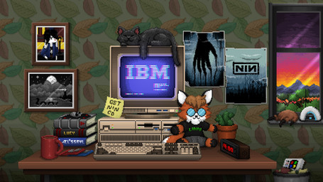 bedroom black_body black_fur black_hair book bottomwear cactus clock clothing computer container crt cup digital_clock electronics eyewear feral floppy_disk framed_picture fur glasses hair keyboard mountain_range mug orange_body orange_fur pile_of_books plant plant_pot plushie post-it_note poster potted_plant radio retro shirt shorts sleeping sunset t-shirt topwear trash_can tree wallpaper_(decoration) white_body white_fur window amaruq_wulfe half-life ibm linux microsoft microsoft_windows nine_inch_nails portal_(series) valve windows_95 xenia_(linux) canid canine domestic_cat felid feline felis fox headcrab lagomorph leporid mammal rabbit digital_media_(artwork) hi_res pixel_(artwork) trans_(lore) trans_woman_(lore)