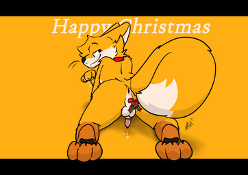 animal_genitalia animal_penis anthro anus balls balls_blush barely_visible_anus barely_visible_genitalia barely_visible_penis blush bodily_fluids body_blush canine_genitalia canine_penis collar cum cum_drip dripping fluffy_balls fur genital_fluids genitals holidays holly_(plant) lipsticking male orange_body paws penis plant presenting red_penis sheath simple_background solo tail tan_body tan_fur teasing text whiskers raposanaranja christmas chris_(raposanaranja) canid canine fox mammal absurd_res hi_res