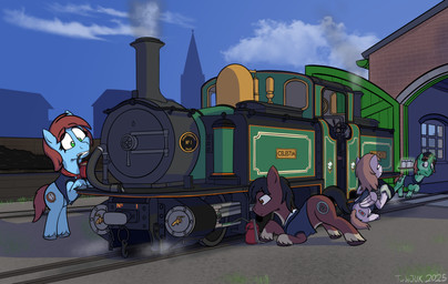 accessory black_hair blue_body blue_fur blue_sky brown_body brown_eyes brown_fur brown_hair bucket clothing cloud container double_fairlie_(train) engine_shed female feral fur green_body green_eyes green_fur group hair hat headgear headwear horn jacket locomotive male oil_can purple_body purple_eyes purple_fur scarf sky steam steam_locomotive topwear train vehicle wings turbojuk hasbro my_little_pony mythology fan_character earth_pony equid equine horse mammal mythological_creature mythological_equine pegasus pony unicorn hi_res
