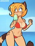 anthro beach big_breasts bikini blonde_hair blue_eyes breasts clothing collarbone eyebrow_through_hair eyebrows eyelashes female food fur glistening glistening_breasts hair licking licking_popsicle markings mole_(marking) mole_on_breast mole_under_eye navel outside popsicle red_bikini red_clothing red_swimwear short_hair solo swimwear tan_body tan_fur tongue translucent translucent_hair two-piece_swimsuit psicoyote cassandra_(psicoyote) domestic_cat felid feline felis mammal 2025 hi_res