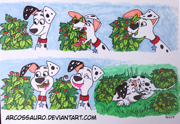 black_ears black_nose black_spots collar feral floppy_ears food fruit fur heterochromatic_ears male plant red_collar sleeping solo spots star strawberry text toony white_body white_fur white_spots arcossauro 101_dalmatian_street 101_dalmatians disney dylan_(101_dalmatians) canid canine canis dalmatian domestic_dog mammal english_text