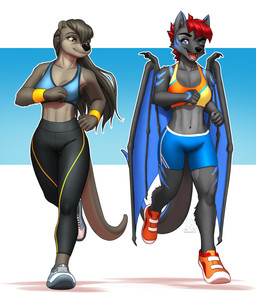 5_fingers anthro blue_eyes bottomwear breasts clothed clothed_anthro clothed_female clothing countershade_torso countershading duo female fingers footwear front_view fully_clothed fully_clothed_anthro fully_clothed_female fur grey_body grey_fur grey_hair grey_tail hair navel one_eye_closed open_mouth open_smile red_hair shoes simple_background smile tail topwear wings mykegreywolf mythology cyberjoel nat_(mykegreywolf) dragon mammal mustelid mythological_creature mythological_scalie otter scalie 2025 absurd_res digital_media_(artwork) hi_res