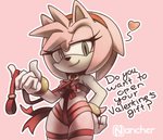 accessory anthro breasts clothing dialogue female gloves green_eyes hair_accessory hairband half-closed_eyes handwear heart_symbol holidays narrowed_eyes smile solo text nancher sega sonic_the_hedgehog_(series) valentine's_day amy_rose eulipotyphlan hedgehog mammal 2021 english_text hi_res signature