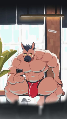 abs anthro areola bandage bandage_on_face barazoku bench biceps big_bulge big_muscles blinking bottle bouncing_bulge bulge caught_in_the_act cellphone clothed clothing container deltoids detailed_bulge electronics eyebrows first_person_view fur genital_outline hair holding_object holding_phone huge_bulge huge_muscles inside kemono leaf looking_at_viewer male muscular muscular_anthro muscular_male navel nipples obliques pecs penis_outline phone plant sitting smartphone solo stalking thick_arms thick_thighs topless topless_anthro topless_male tuft underwear underwear_only voyeur water_bottle canyne_khai brown_dog_(canyne_khai) canid canine canis domestic_dog mammal 2025 2d_animation 9:16 animated frame_by_frame hi_res no_sound short_playtime webm