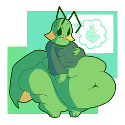 antennae_(anatomy) anthro belly big_abdomen big_belly blonde_hair bottomless bottomless_anthro bottomless_female breast_grab breasts buckteeth clothed clothing fat_legs female green_body grey_clothing grey_topwear hair hand_on_breast hand_on_own_breast huge_belly huge_hips huge_thighs hyper hyper_hips hyper_thighs morbidly_obese morbidly_obese_anthro morbidly_obese_female obese obese_anthro obese_female overweight overweight_anthro overweight_female simple_background solo standing teeth thick_thighs topwear wide_hips ltoo mochi_(ltoo) arthropod 1:1 2026 hi_res nonbinary_(lore)