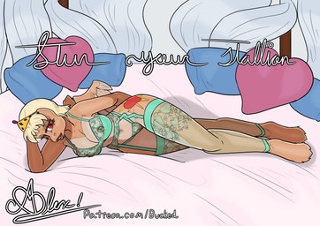anthro blonde_hair bra clothing crystalle_(bucked) cutie_mark female hair lace legwear lingerie panties red_eyes solo stockings text underwear wings bucked hasbro my_little_pony mythology equid equine mammal mythological_creature mythological_equine pegasus hi_res url