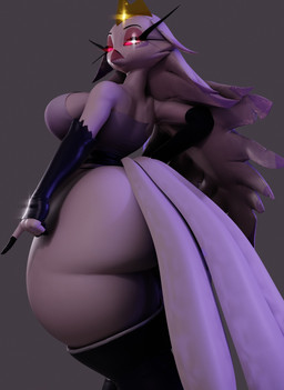 4_fingers anthro armwear beak bent_arm big_breasts big_butt big_eyes biped black_armwear black_bridal_gauntlets black_clothing black_eyebrows black_legwear black_thigh_highs breasts bridal_gauntlets butt clothed clothed_anthro clothed_female clothing crop_top crown extended_arm eyebrows eyelashes eyeshadow facial_markings feather_hair feathers female fingers gesture glowing glowing_eyes gold_(metal) gold_crown grey_background half-closed_eyes hand_gesture hand_on_hip hand_on_own_hip head_markings head_turned headgear huge_butt humanoid_hands iris legwear light_body light_feathers light_markings long_eyelashes long_pseudo_hair looking_at_viewer looking_back looking_back_at_viewer makeup markings mature_anthro mature_female monotone_background mouth_closed multicolored_feather_hair multicolored_pseudo_hair narrowed_eyes no_pupils non-mammal_breasts pantsless pink_beak pink_eyeshadow pink_sclera pointing pointing_down pose pseudo_hair purple_clothing purple_crop_top purple_markings purple_shirt purple_topwear shirt simple_background skimpy solo sparkles standing tail tail_feathers thick_eyelashes thick_thighs thigh_highs thong three-quarter_view topwear two_tone_feather_hair two_tone_pseudo_hair underwear white_breasts white_eyes white_feather white_tail anaroth hellaverse helluva_boss stella_(helluva_boss) anatid anseriform anserine avian avian_demon bird bird_demon demon swan 2026 3d_(artwork) 3d_model_showcase digital_media_(artwork) hi_res portrait three-quarter_portrait