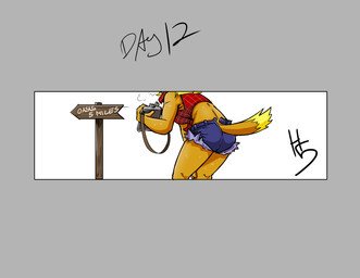 anthro bent_over biped blonde_hair bodily_fluids bottle bottomwear breasts breath butt clothed clothing container crop_top daisy_dukes denim denim_bottomwear denim_clothing denim_shorts dipstick_tail female flannel_shirt fur furgonomic_shorts furgonomics hair heat_(temperature) holding_bottle holding_container holding_object hotpants markings rear_view shirt shorts sign simple_background solo standing sweat sweaty_legs tail tail_markings text tied_shirt tired topwear yellow_body yellow_fur high5art ty_the_tasmanian_tiger_(series) shazza_the_dingo canid canine canis dingo mammal 2024 absurd_res digital_drawing_(artwork) digital_media_(artwork) english_text hi_res letterbox signature
