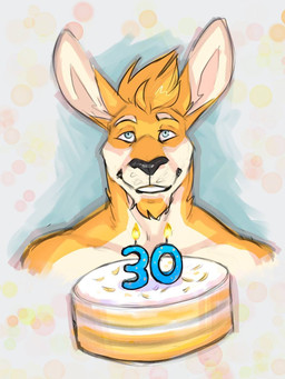 abstract_background anthro black_nose blonde_hair blue_eyes cake candle dessert food front_view fur glistening glistening_eyes hair looking_at_viewer male male_anthro nude short_hair smile solo white_body white_fur yellow_body yellow_fur solaxe_(artist) solaxe kangaroo macropod mammal marsupial 3:4 bust_portrait hi_res portrait