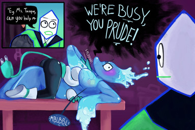 angry asphyxiation awkward_moment blush breast_rest breasts butt caught_in_the_act choking dialogue drowning embarrassed exclamation_point female female/female frustrated group humor motorboating speech_bubble text trio walk-in water freaky_frohicky deltarune undertale_(series) mike_(deltarune) miss_mizzle small_mike_(deltarune) tasque_manager darkner elemental_creature felid feline humanoid mammal mizzle_(deltarune) pippins_(deltarune) water_creature 2025 absurd_res digital_media_(artwork) english_text hi_res