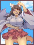 5_fingers anthro asian_clothing big_breasts black_hair breasts clothing cloud east_asian_clothing female fingers hair looking_at_viewer low-angle_view open_mouth outside smile solo arumo canid mammal 2019 absurd_res hi_res