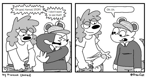 anthro balls big_penis blush casual_exposure clothing covering covering_eyes covering_face dialogue duo erection exposed genitals humanoid_genitalia humanoid_penis male male/male penis presenting smile text undressing freoncat third-party_edit normalsville harrod_(normalsville) peter_(normalsville) canid canine canis domestic_dog mammal mouse murid murine poodle rodent comic english_text monochrome nude_edit