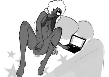 1_eye barefoot bed biting_shirt blush bottomless breasts butt clothed clothing clothing_lift computer electronics feet female fluffy fluffy_hair freckles furniture genitals hair laptop masturbation mouth_hold navel nipples not_furry nude panties pillow shirt shirt_lift simple_background solo toes topwear underwear vaginal vulva white_background bromeliad enemy_quest tgchan alien cyclops humanoid oculot 2017 digital_media_(artwork) monochrome