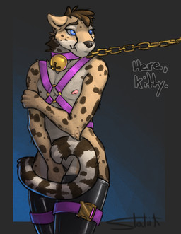 anthro bdsm bdsm_gear bdsm_outfit bell bell_collar chain chain_leash clothed clothing collar covering covering_crotch ears_back eyebrows eyelashes gold_(metal) gold_chain harness harness_ring holding_arm latex latex_clothing latex_legwear latex_stockings leash leash_pull leashed_collar leashed_male legwear long_eyelashes male markings partially_clothed pink_collar pivoted_ears raised_eyebrow shy simple_background skinny skinny_anthro skinny_male solo spots spotted_markings stockings straps striped_markings striped_tail stripes submissive submissive_anthro submissive_male tail tail_markings text thin_tail statiik_(artist) cheetah felid feline king_cheetah mammal 2022 hi_res