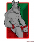 3_fingers anthro biped border bracelet bulge clothed clothing fingers frown grey_body grey_skin hand_on_leg horn jewelry male muscular muscular_anthro muscular_male nipples outside_border posing_pouch red_eyes sitting solo stubble tattoo thong topless underwear k.burkett mammal rhinoceros