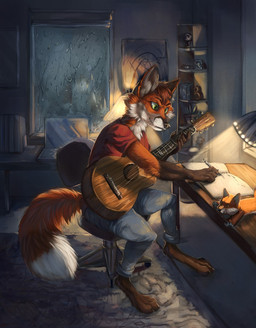 acoustic_guitar anthro barefoot bottomwear chair clothed clothing computer denim denim_bottomwear denim_clothing electronics feet furniture guitar inside jeans laptop male music musical_instrument office_chair on_chair pants plucked_string_instrument raining shirt sitting sitting_on_chair solo string_instrument t-shirt topwear hiccupby squeezy canid canine fox mammal red_fox true_fox hi_res