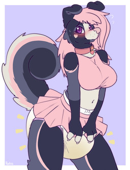 ageplay anthro blush bottomwear clothed clothing collar diaper embarrassed female floppy_ears fur glistening glistening_eyes grey_body grey_fur hair infantilism looking_at_viewer mouth_closed navel pink_body pink_bottomwear pink_clothing pink_collar pink_fur pink_hair pink_nose pink_skirt pink_topwear purple_eyes roleplay skirt solo standing topwear wearing_diaper white_body white_diaper white_fur hardscales canid canine canis domestic_dog mammal 2022 dated hi_res portrait signature three-quarter_portrait