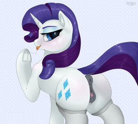 anatomically_correct anatomically_correct_anus anatomically_correct_genitalia anatomically_correct_vulva animal_genitalia animal_vulva anus blue_eyes blue_eyeshadow blush bodily_fluids body_blush butt butt_blush clitoris clothing cutie_mark equine_anus equine_genitalia equine_vulva eyeshadow female feral fishnet_clothing genital_fluids genitals hair hooves horn legwear makeup pattern_background puffy_anus simple_background smile solo tongue tongue_out urethra vaginal_fluids vulva conditional_dnp redvais friendship_is_magic hasbro my_little_pony mythology rarity_(mlp) equid equine mammal mythological_creature mythological_equine unicorn 2017 absurd_res hi_res